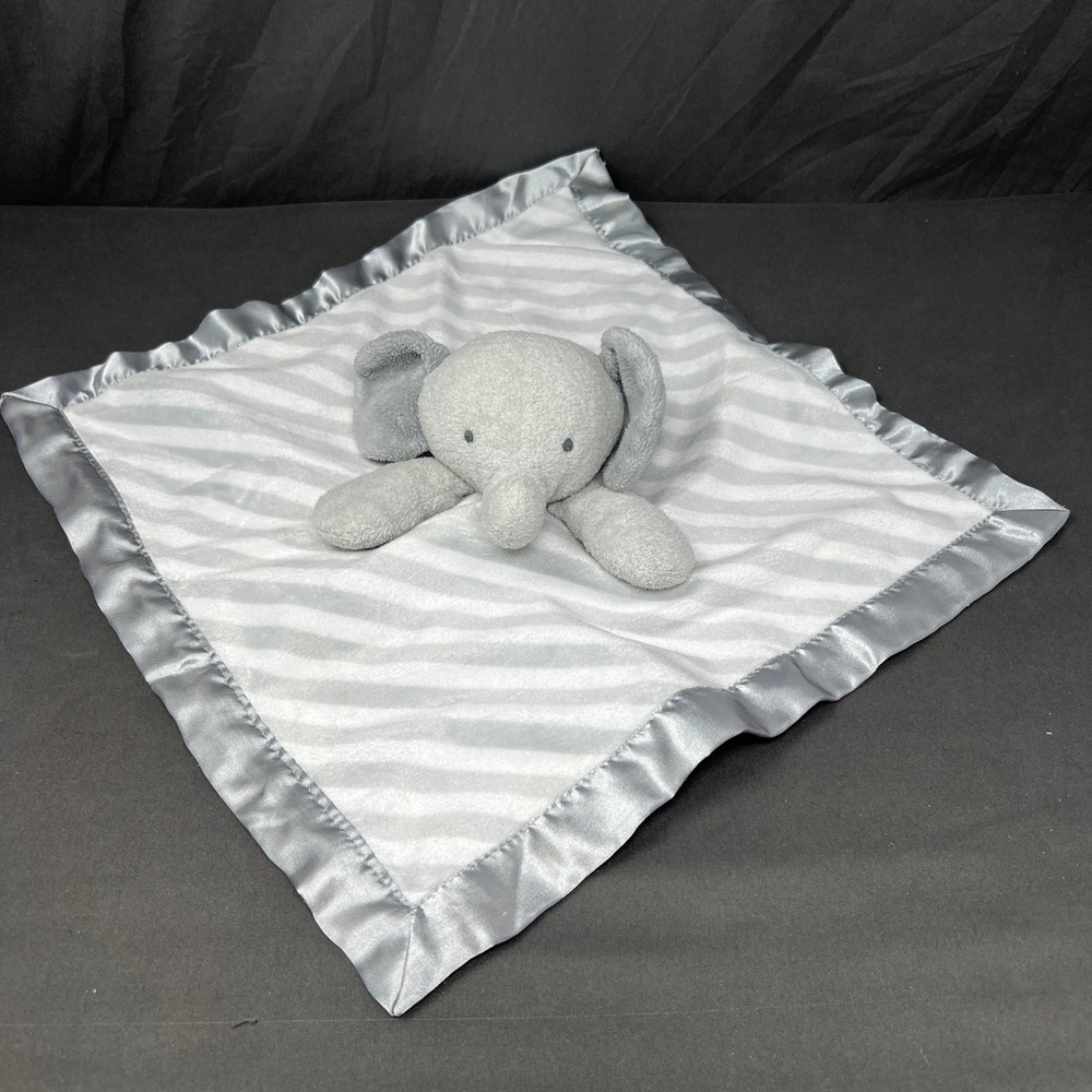 Cloud Island Elephant Lovey 14 inch Gray White Striped Satin Trim Snuggler